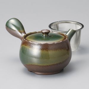 Japanese ceramic kyusu teapot, AZA, brown and blue