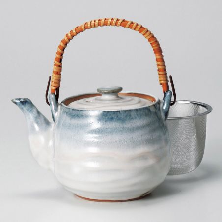 Japanese ceramic teapot with handle, KOTAI, cream color with blue drips