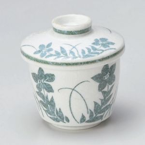 Japanese mug with lid chawan mushi, gray and blue flowers - AOI HANA