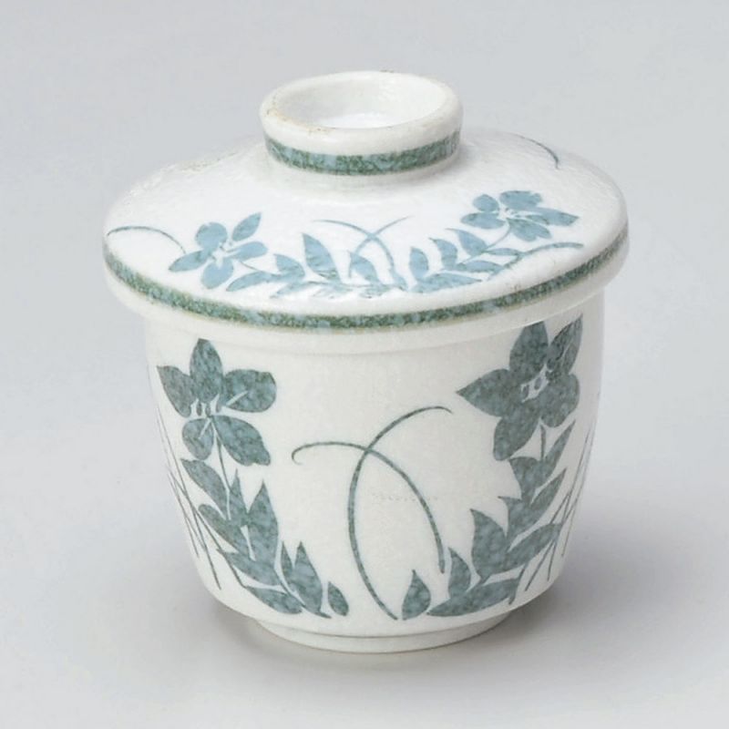 Japanischer Becher mit Deckel Chawan Mushi, graue und blaue Blumen - AOI HANA