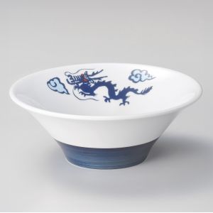 Japanese white ceramic ramen bowl, RYU, blue dragon and clouds