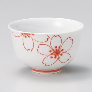 Japanese ceramic tea cup, white with red flowers - SAKURA