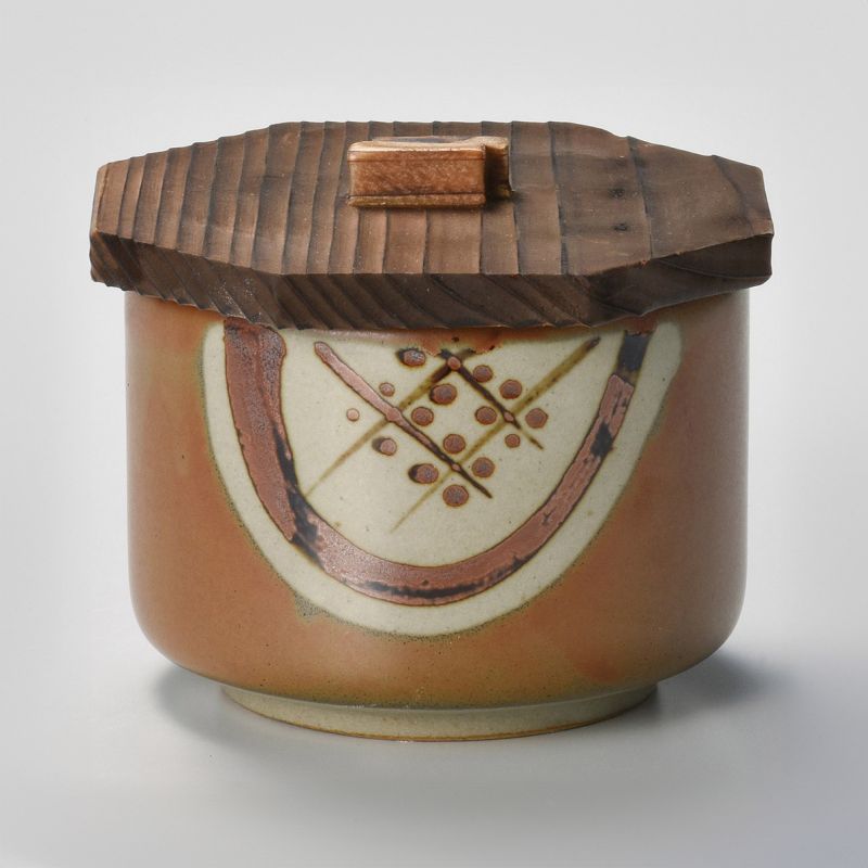 Japanese ceramic brown bowl with wooden lid, MARUMON