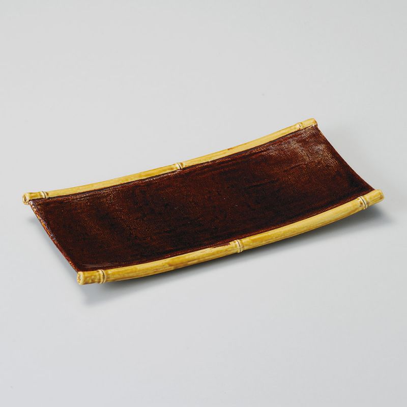 Plato japonés rectangular de cerámica, marrón, bambú - TAKE