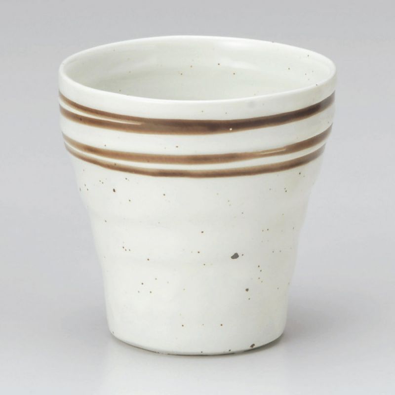 Japanese flared ceramic tea cup, white brown lines - GYO