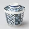 Chawanmushi-Teeschale aus Keramik, weiß und blau, Gitterwerk und Pflaumenblütenmuster, UME