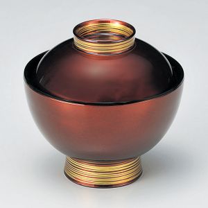 Soup bowl with lid, burgundy red and golden lines, KIN'IRO NO SEN