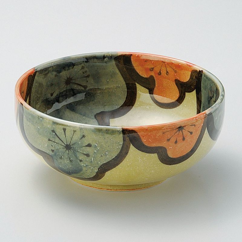 Cuenco japonés de cerámica beige con flores rojas y azules, FURAWAZU AOI AKA