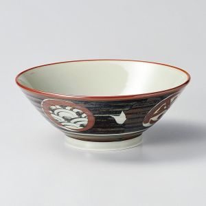 Small Japanese ceramic ramen bowl, dark blue-green, wave and igeta patterns, NAMIGETA