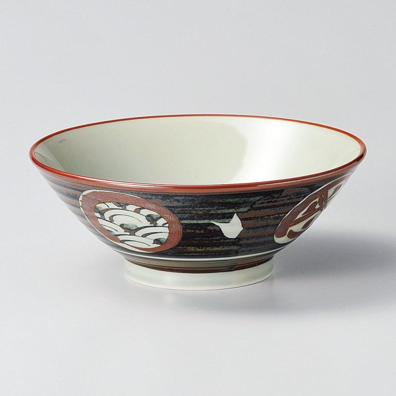 Small Japanese ceramic ramen bowl, dark blue-green, wave and igeta patterns, NAMIGETA