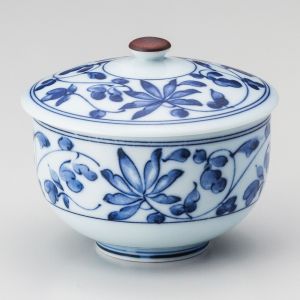 Japanischer runder Becher mit Deckel Chawan Mushi, weißes, blaues Blumenmuster - BURUFURORARU