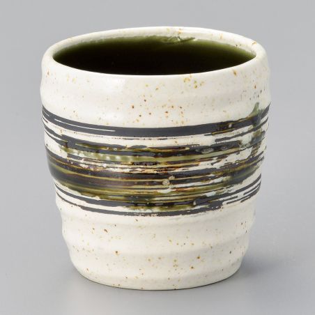 Taza de té japonesa blanca de ceramica, HAKE cepillo verde