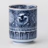 Japanese ceramic tea cup, white with traditional blue patterns - DENTO-TEKINA