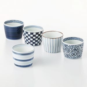 set di 5 tazze soba-choko giapponesi, SHIRO TO AO, motivi blu