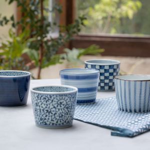 set di 5 tazze soba-choko giapponesi, SHIRO TO AO, motivi blu