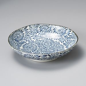 Japanese ceramic ramen bowl, blue and white, KARAKUSA