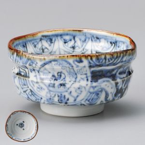 Ceramic bowl for tea ceremony, white with traditional blue patterns - ANSENIKKU