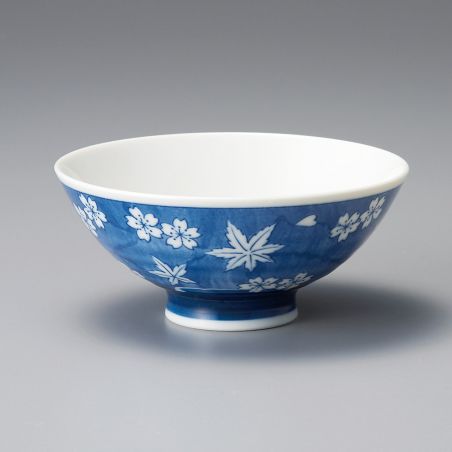 Japanese ceramic rice bowl, blue and white - MOMIJI SAKURA