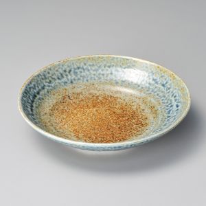 Japanese round ceramic plate, brown and blue, CHAIRO AOI