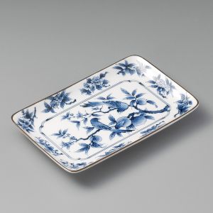 Assiette japonaise rectangulaire, blanc motifs oiseaux bleus, TORI