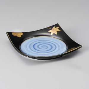 Japanese small square black plate with hand painted gilding - MOMIJI SAKURA