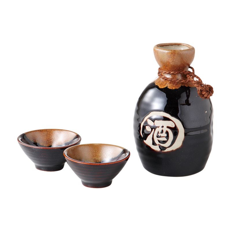 Sake set, 1 bottle and 2 cups, TENMOKU, black and kanji
