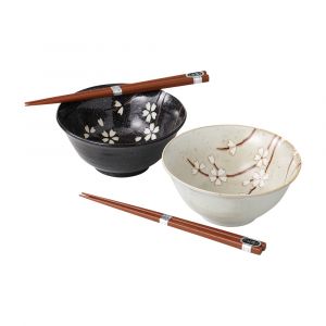 Set aus 2 japanischen Keramikschalen in Beige und Schwarz - weiße Blütenblätter - SAKURA