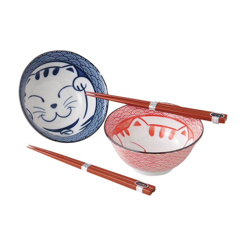 Japanese 2 ramen bowls set in ceramic with chopsticks MANEKINEKO red and blue