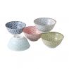 5 bowls set with patterns white light blue deep blue red and green ASANOHA