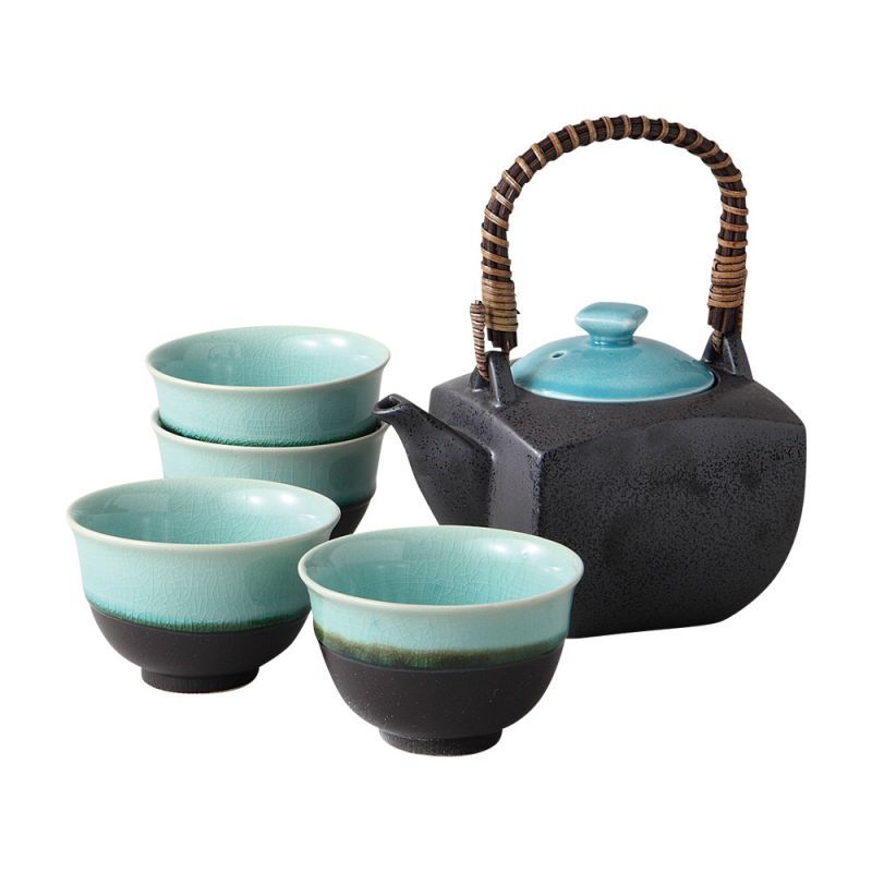 Set teiera e 4 tazze in ceramica nera e blu - AOMI