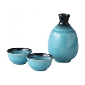 Japanese ceramic sake service, 1 bottle and 2 cups, RAGUN, lagoon blue