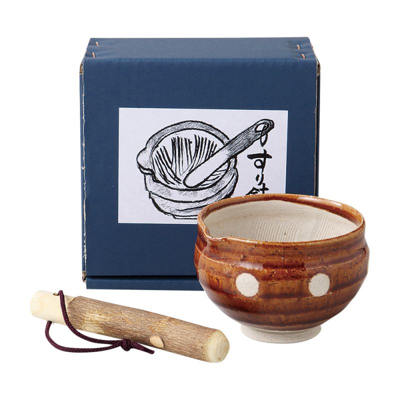 Japanese ceramic suribachi bowl with wooden pestle, DAIDOKORO, 9 cm