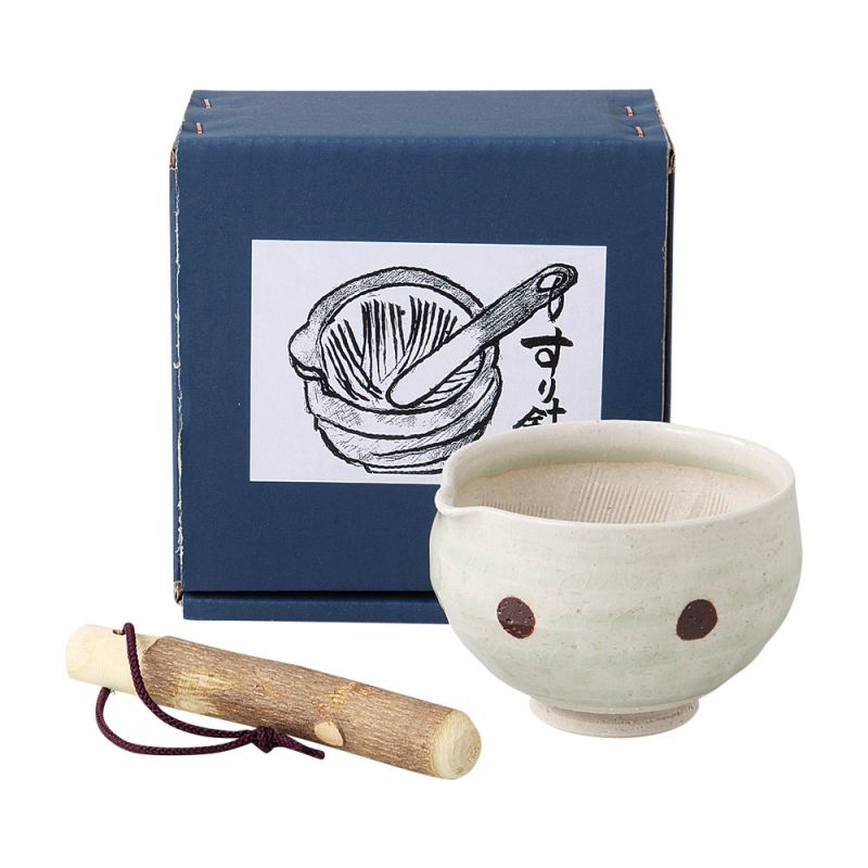 Cuenco suribachi japonés de cerámica - SURIBACHI - Blanco con lunares marrones