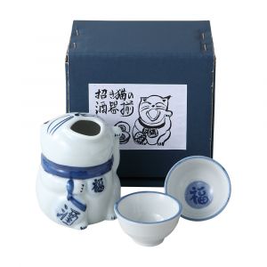 Service à saké, 2 verres et 1 bouteille, chat porte bonheur - KOUN'NA NEKO