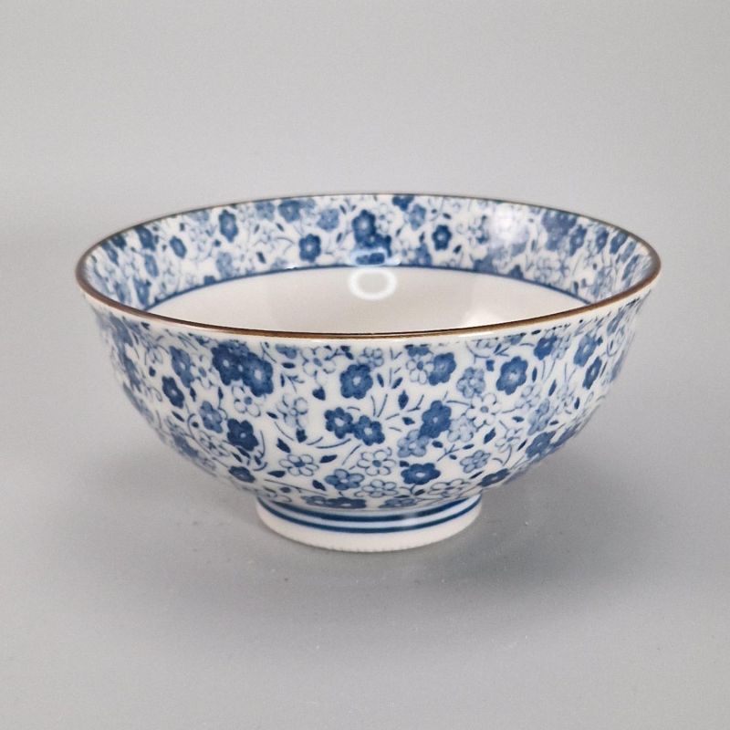 Cuenco de arroz japonés azul pequeño de cerámica, KOBANA Ø11,6cm flores