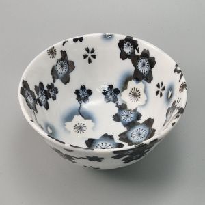 bol japonais à riz en céramique fleurs SAKURA , noir et blanc