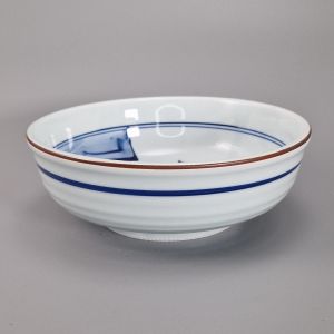 Japanese ceramic rice bowl, white and traditional blue pattern, FUKEI