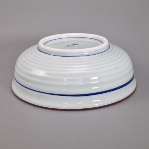 Japanese ceramic rice bowl, white and traditional blue pattern, FUKEI