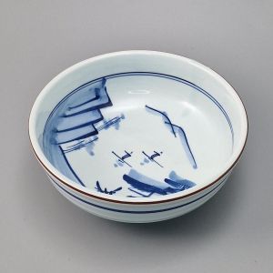 Japanese ceramic rice bowl, white and traditional blue pattern, FUKEI