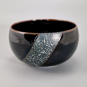 Bol à riz japonais en céramique, noir avec bande à motifs, KARAKUSA