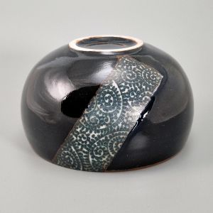 Japanese ceramic rice bowl, black with patterned band, KARAKUSA