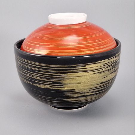 Japanese ceramic rice bowl with lid, black, red and gold, HOSOI SEN