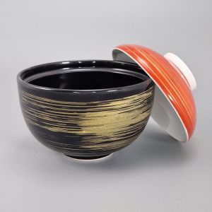 Japanese ceramic rice bowl with lid, black, red and gold, HOSOI SEN