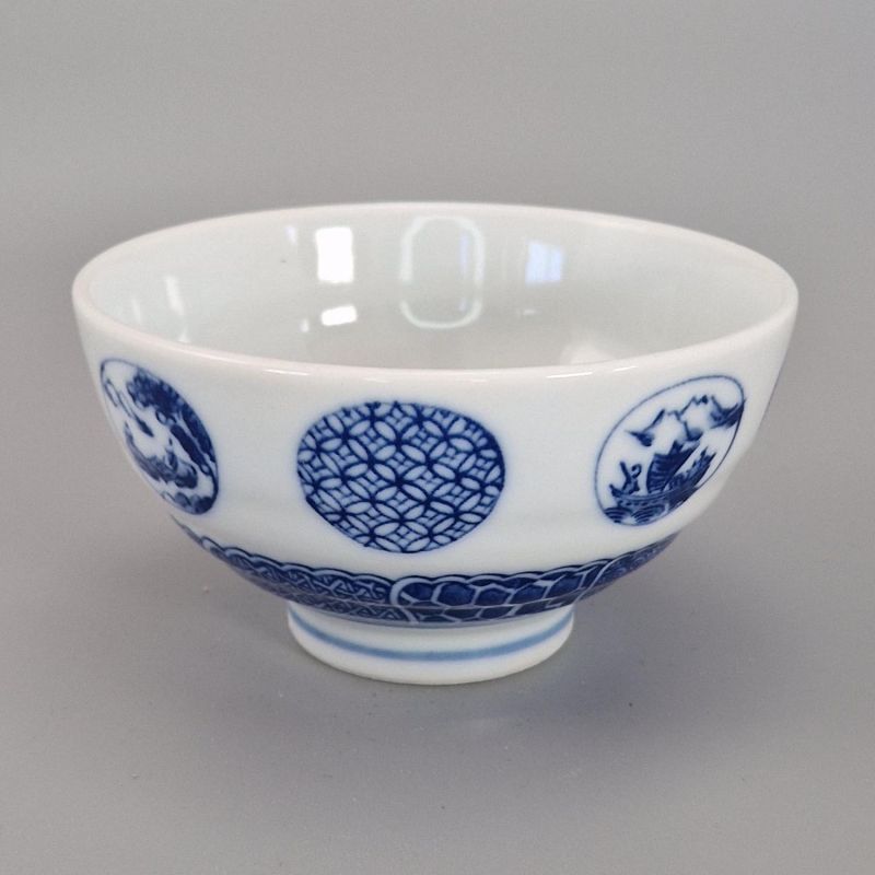 Ciotola di riso in ceramica giapponese, MARUMON SANSUI, motivi blu
