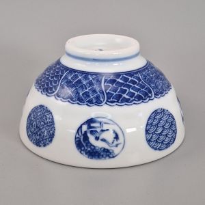 bol à riz japonais en céramique, MARUMON SANSUI, motifs bleu