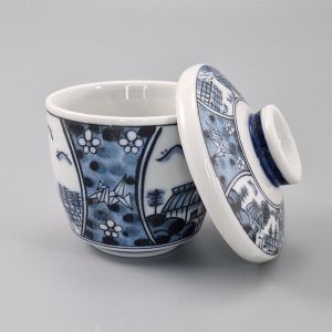 Taza japonesa con tapa chawan mushi, paisaje tradicional - KEIKAN