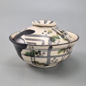 Japanese ceramic bowl with lid, ORIBE MARUMON KODAMA, beige and green