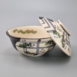 Japanese ceramic bowl with lid, ORIBE MARUMON KODAMA, beige and green