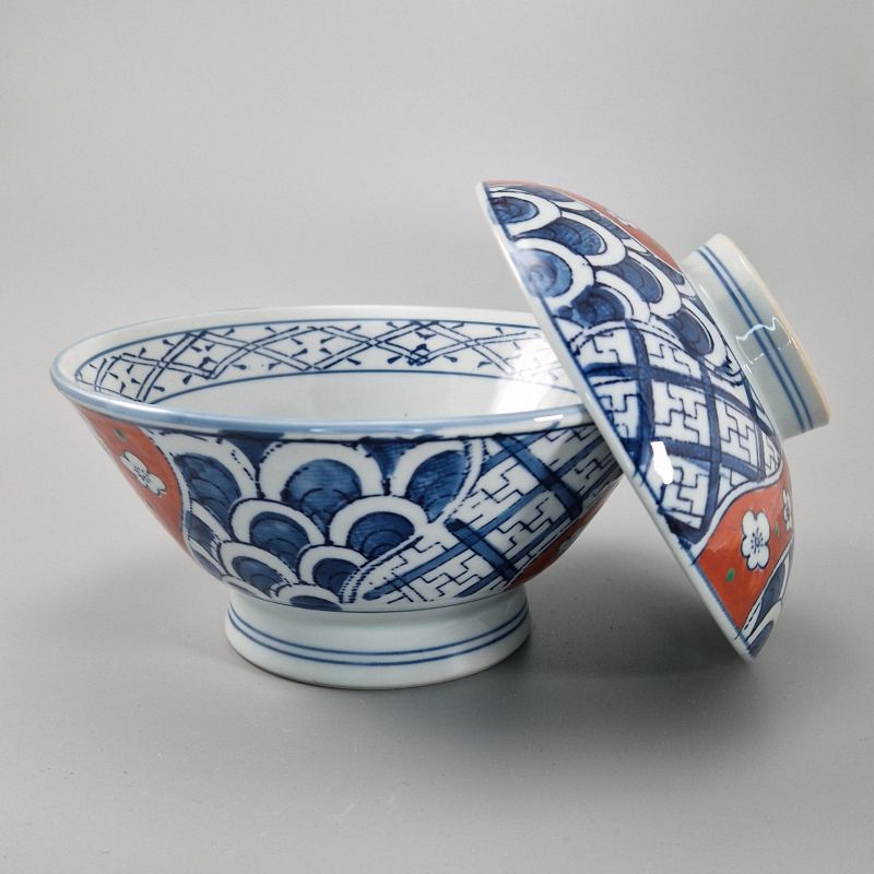 Japanese bowl with lid, red lines and white flowers - SHIWAKUCHA