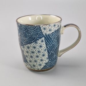 Japanische Teetasse aus Keramik mit Henkel, blau und weiß, Patchwork-Muster